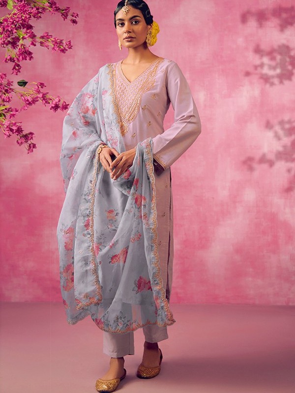 Soft Cotton  Party Wear  Suit  in Purple Color with  Embroidery Work
