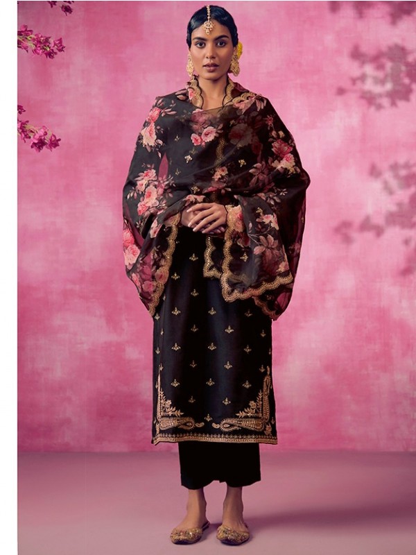 Soft Cotton  Party Wear  Suit  in Black Color with  Embroidery Work