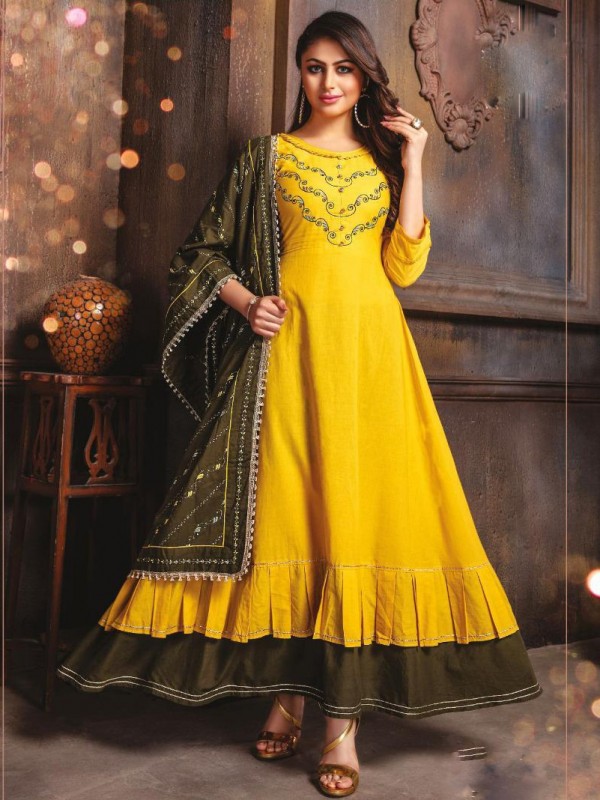 Cotton mal Fabrics Long Kurti With Dupatta  In Yellow Color With Embroidery