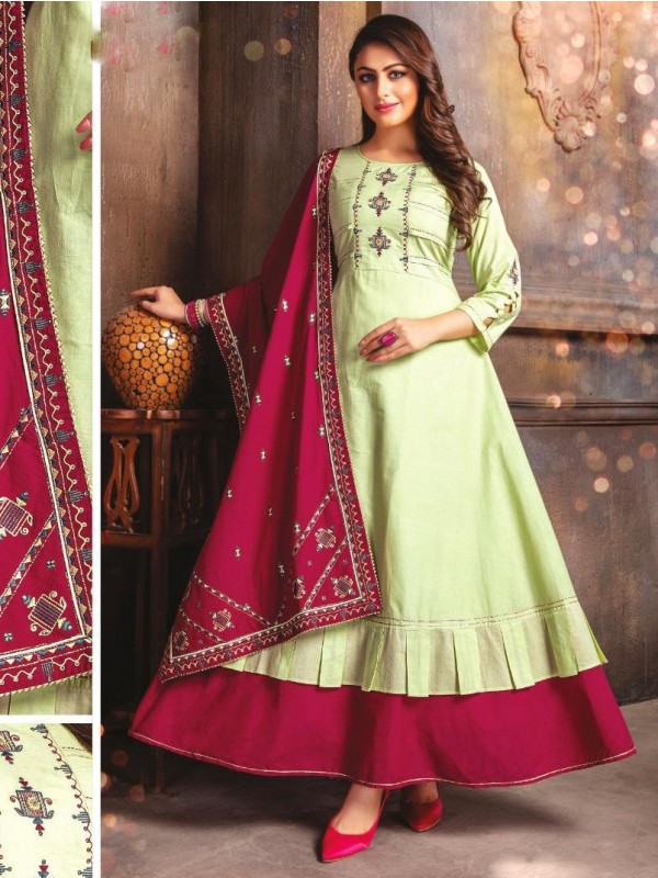 Cotton mal Fabrics Long Kurti With Dupatta  In Light Green Color With Embroidery
