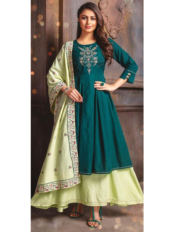 Cotton mal Fabrics Long Kurti With Dupatta  In  Green Color With Embroidery