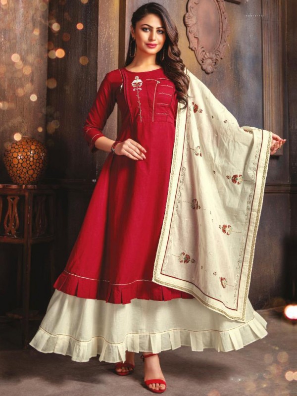 Cotton mal Fabrics Long Kurti With Dupatta In Red Color With Embroidery