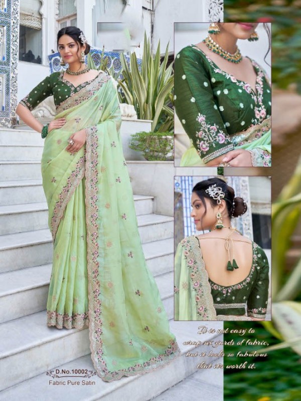 Sateen Silk Party Wear  Saree In Green  Color With Embroidery Work