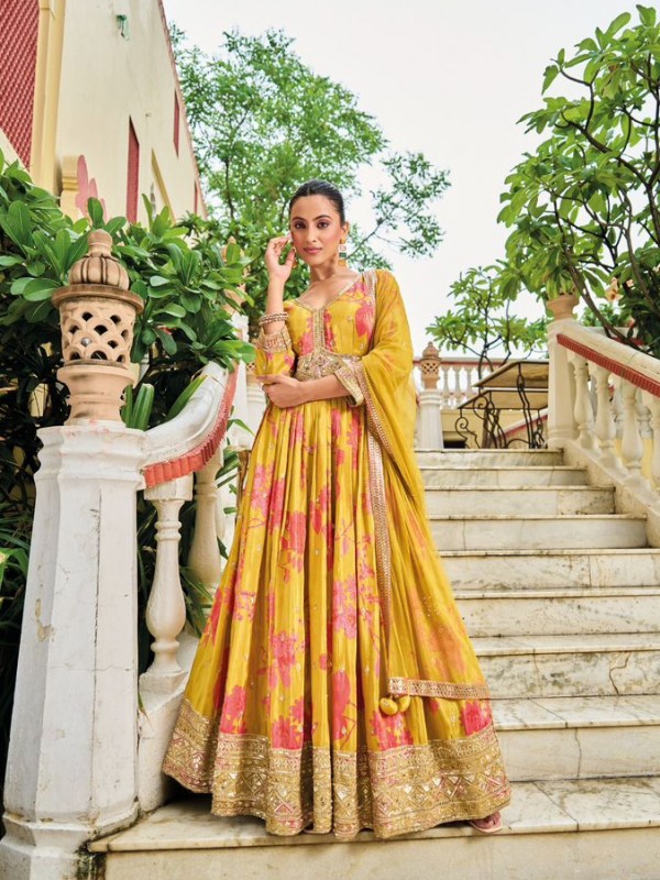 Pure Chinon Party Wear Gown Yellow Color Color with Embroidery Work