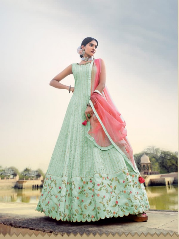 Dola Silk Party Wear Gown Sea Green Color with  Embroidery Work