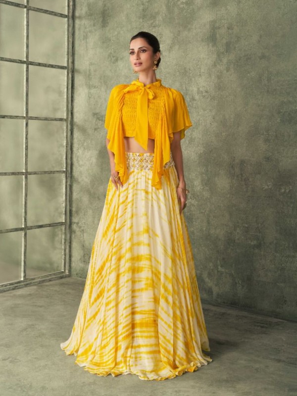 Georgette Fabrics Party Wear Lehenga in Yellow Color With Embroidery  