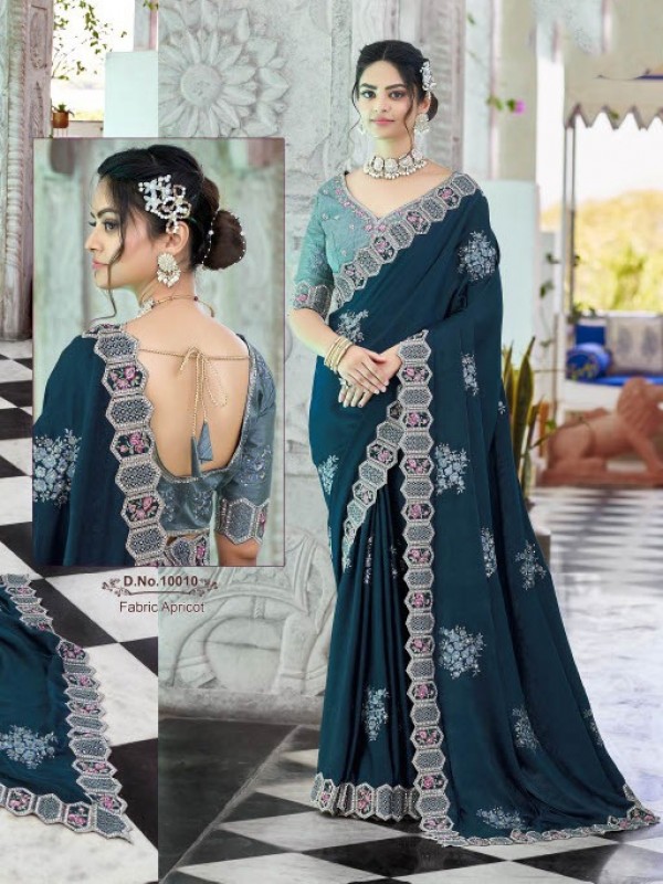 Georgette Party Wear  Saree In Teal Blue Color With Embroidery Work