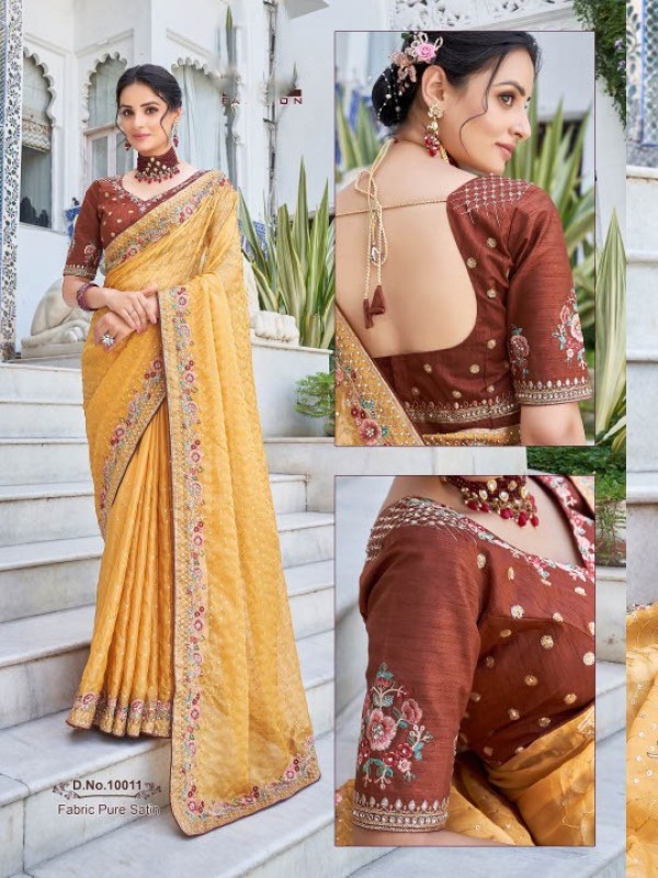 Sateen Silk Party Wear  Saree In Light Mustard  Color With Embroidery Work