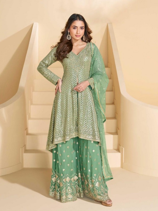 Real Georgette Fabric Party Wear Sharara Lime Green Color with Embroidery Work