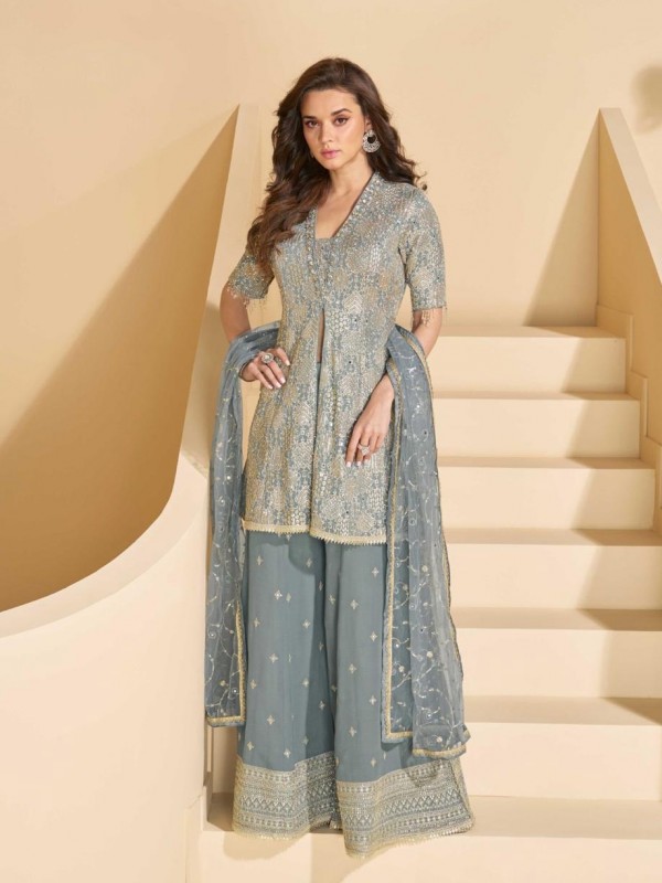 Real Georgette Fabric Party Wear Sharara Grey Color with Embroidery Work