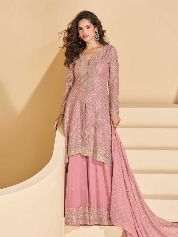 Real Georgette Fabric Party Wear Sharara Pink Color with Embroidery Work