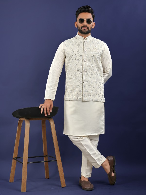 Rayon Silk Readymade Koti Kurta in Off White Color With Embroidery work 