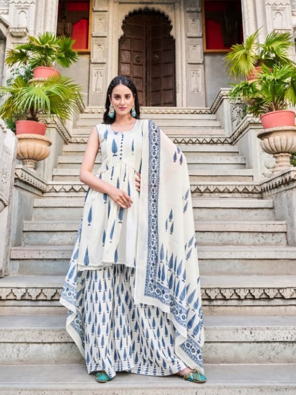 Pure Mul Cotton Party Wear Sharara In White & Blue With Embroidery Work 