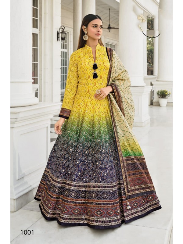 Dola Silk Party Wear Gown Multi Color with  Bandhani print Work