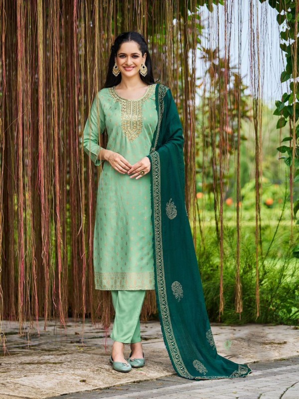 Pure Silk Party Wear Suit in Light Green Color With Embroidery Work