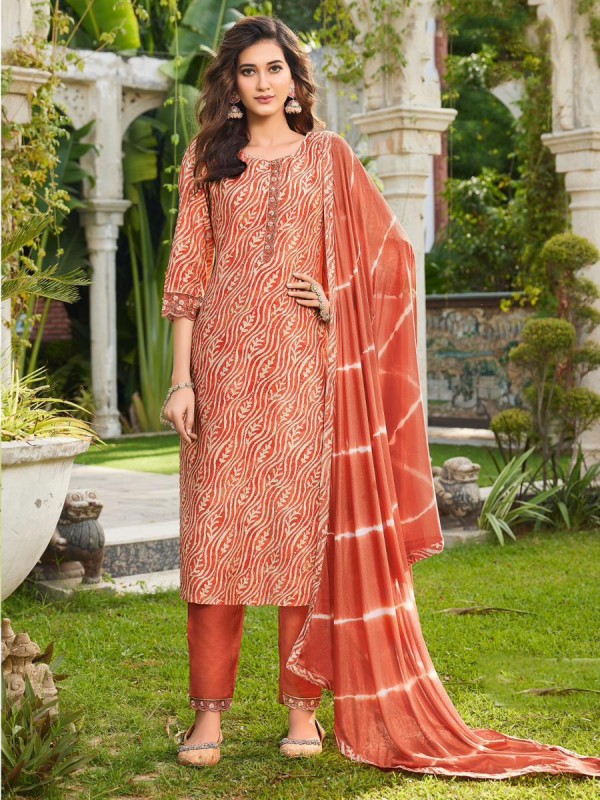 Pure Chanderi Silk Party Wear Suit In Orange Color With Embroidery  & Hand Work 