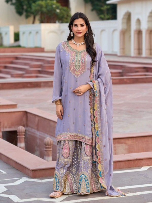 Heavy Chinon Party Wear Readymade Sharara Suit  in Lavender Color with  Embroidery Work
