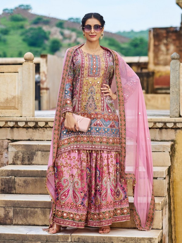 Pure Chinon Silk Party Wear Sharara Multi Color with Embroidery Work