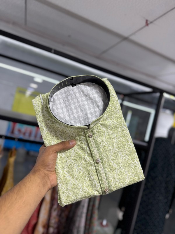 Soft Cotton Readymade Kurta set in with Green Color Embroidery Work 