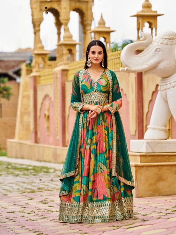 Pure Chinon Party Wear Gown Green Color Color with Embroidery Work
