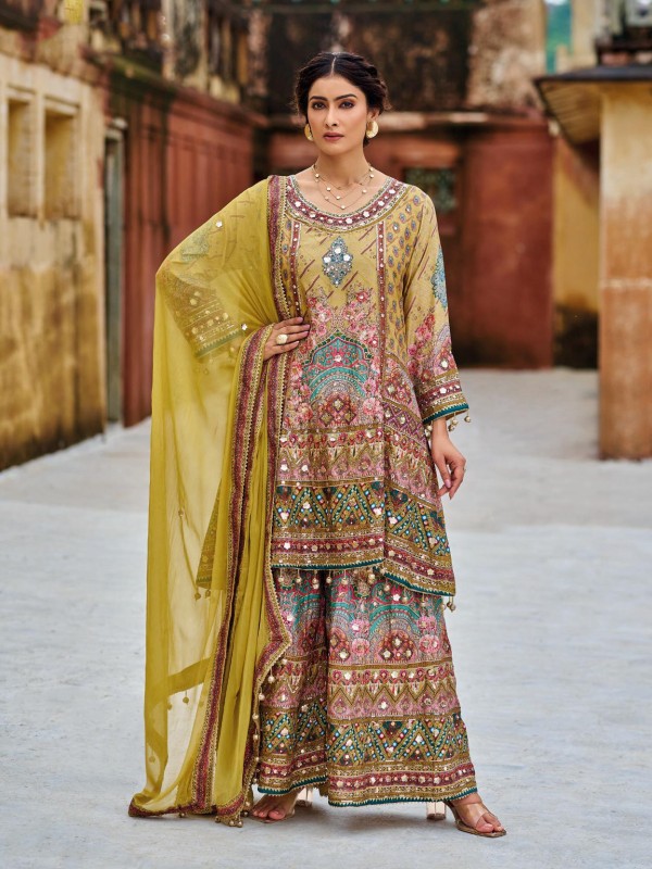 Pure Chinon Silk Party Wear Sharara Multi Color with Embroidery Work