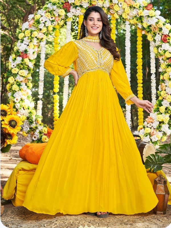  Pure Viscose Chinon  Fabrics Party Wear Gown  In Yellow Color With Embroidery Work
