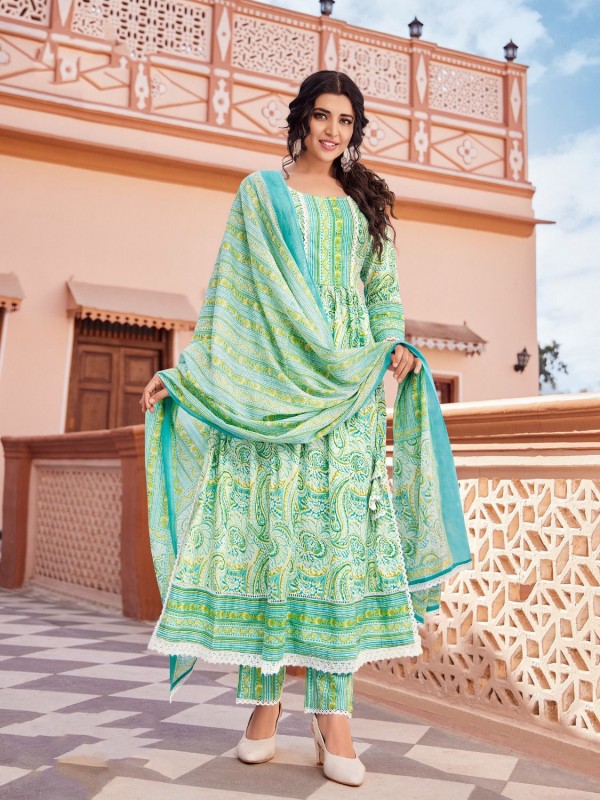 Cotton Party Wear Suit in Turquoise Color With Embroidery Work