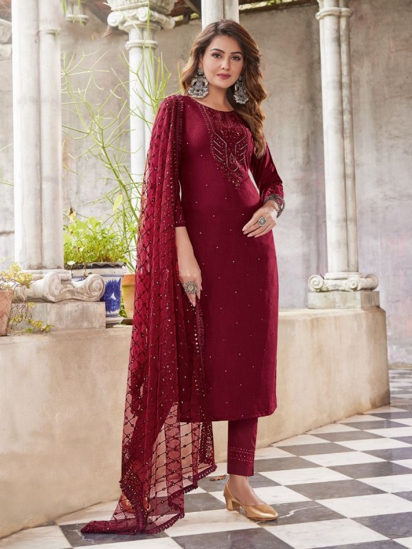 Pure Viscose Fabric Party Wear Suit In Maroon Color With Embroidery Work