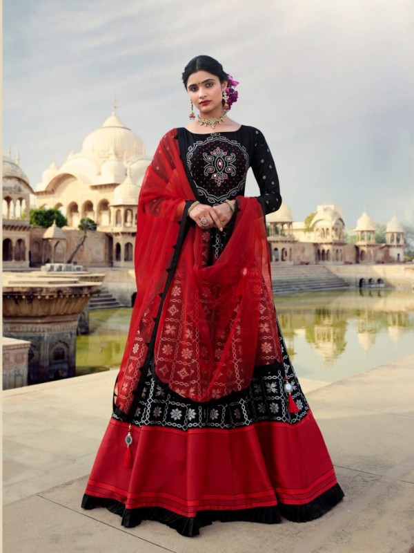 Dola Silk Party Wear Gown Black & Red Color with  Embroidery Work