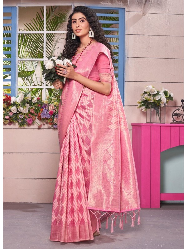  Cotton  Silk Party Wear Saree Pink Color 