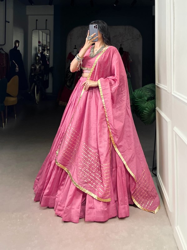 Pure Chanderi Silk fabric Lehenga In Pink Color With Gottapatti Work 