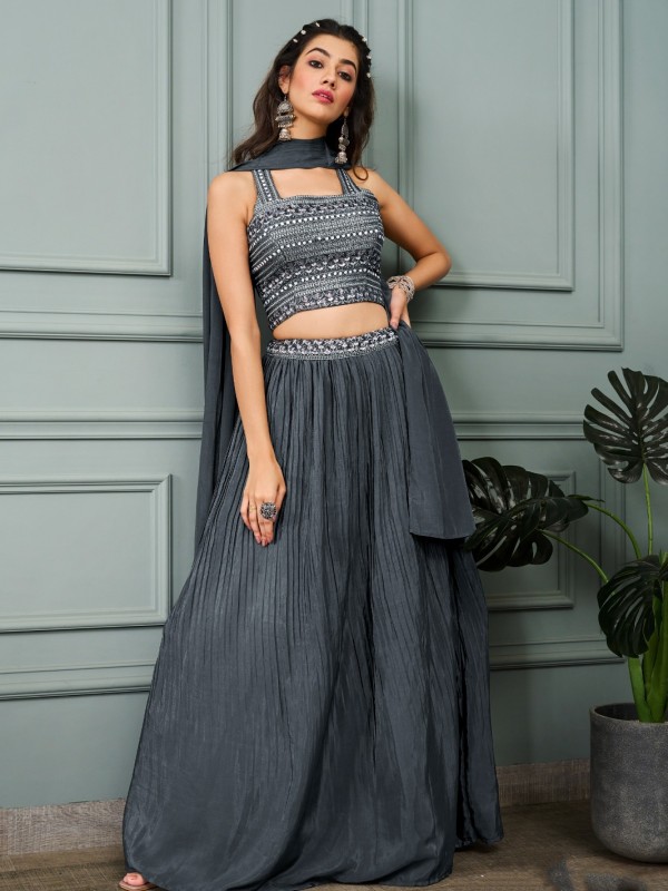 Crape  Party Wear Crop Top  In Grey color With Embroidery Work 