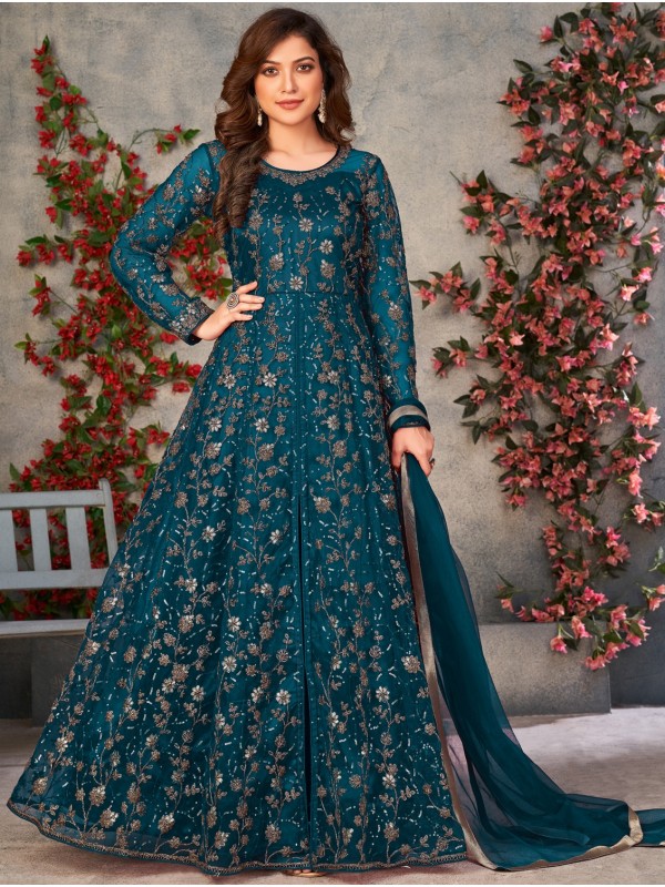 Soft Premium Net Party Wear Gown In Teal Blue Color with Embroidery Work