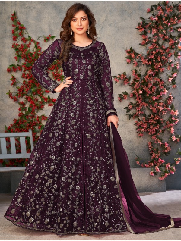 Soft Premium Net Party Wear Gown In Wine Color with Embroidery Work