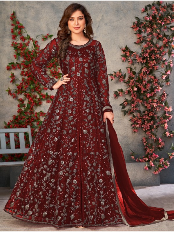 Soft Premium Net Party Wear Gown In Maroon Color with Embroidery Work