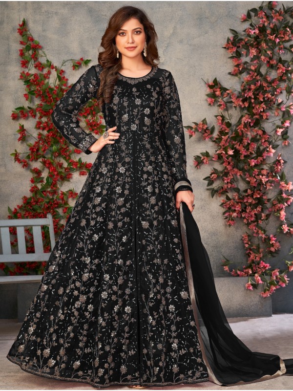 Soft Premium Net Party Wear Gown In Black Color with Embroidery Work