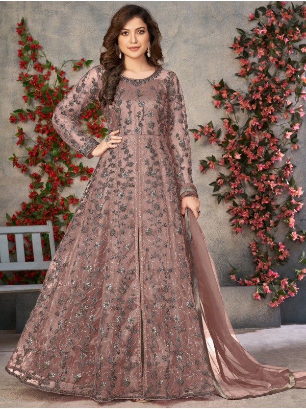 Soft Premium Net Party Wear Gown In Peach Color with Embroidery Work