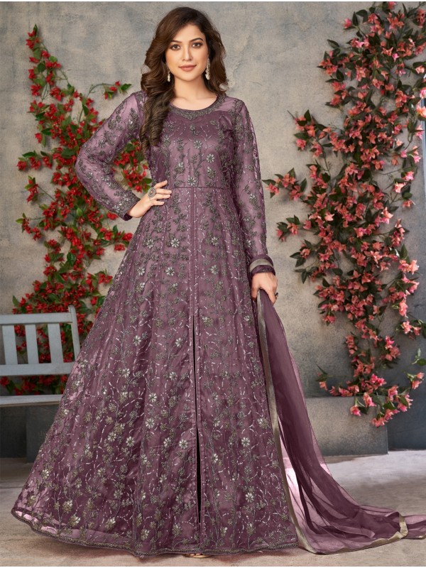 Soft Premium Net Party Wear Gown In Lavender Color with Embroidery Work