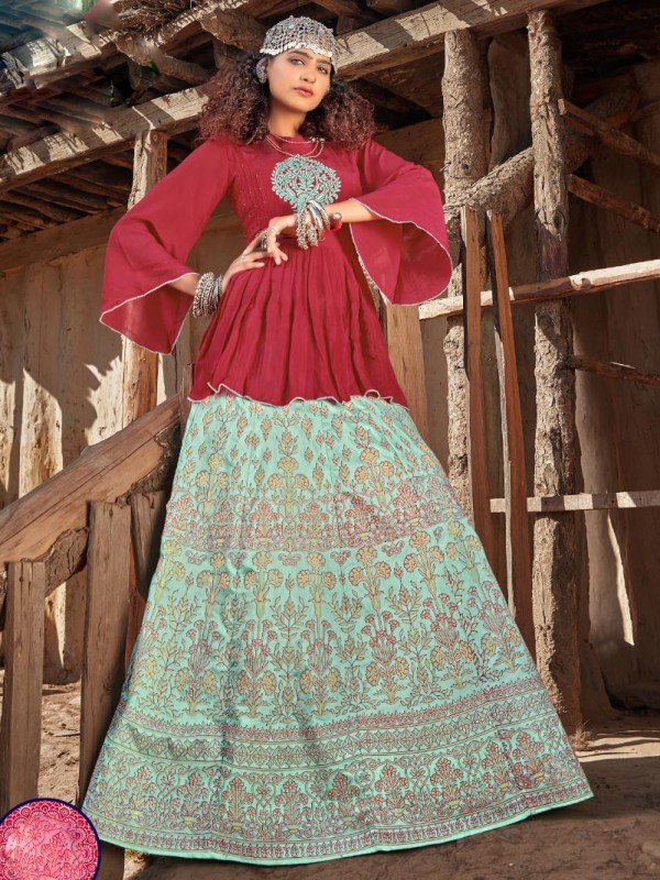 Casual Wear Crepe Silk Shirt With Nikhar Silk Skirt In Maroon & Blue Color With Embroidery 
