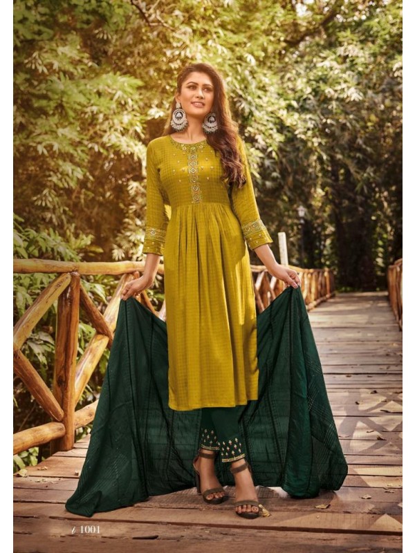 Reyon  Casual Wear Suit In Mustard Color With Embroidery Work 