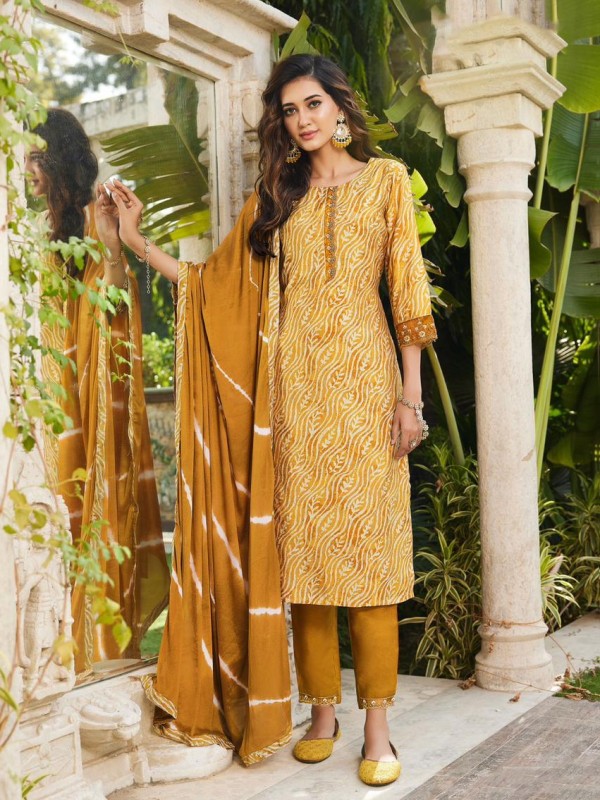 Pure Chanderi Silk Party Wear Suit In Yellow Color With Embroidery  & Hand Work 