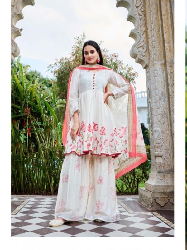 Pure Mul Cotton Party Wear Sharara In White & Pink With Embroidery Work 