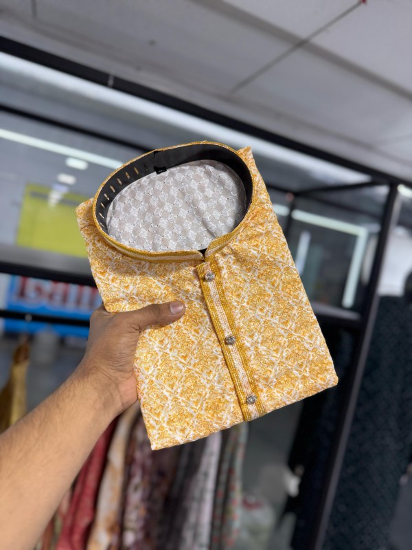 Soft Cotton Readymade Kurta set in with Yellow Color Embroidery Work 