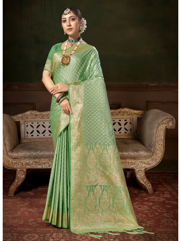 Party Wear Saree Green Color Banarasi Silk Saree