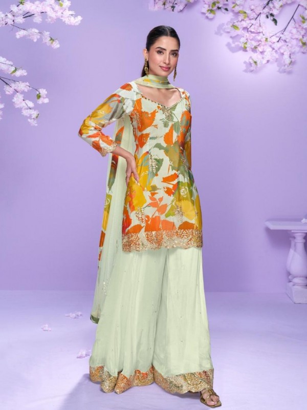 Premium Real Chinon Silk Party Wear Plazo Suit Multi Color with Embroidery Work