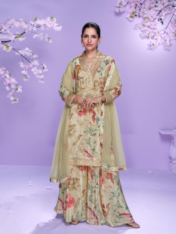 Premium Real Chinon Silk Party Wear Plazo Suit Multi Color with Embroidery Work