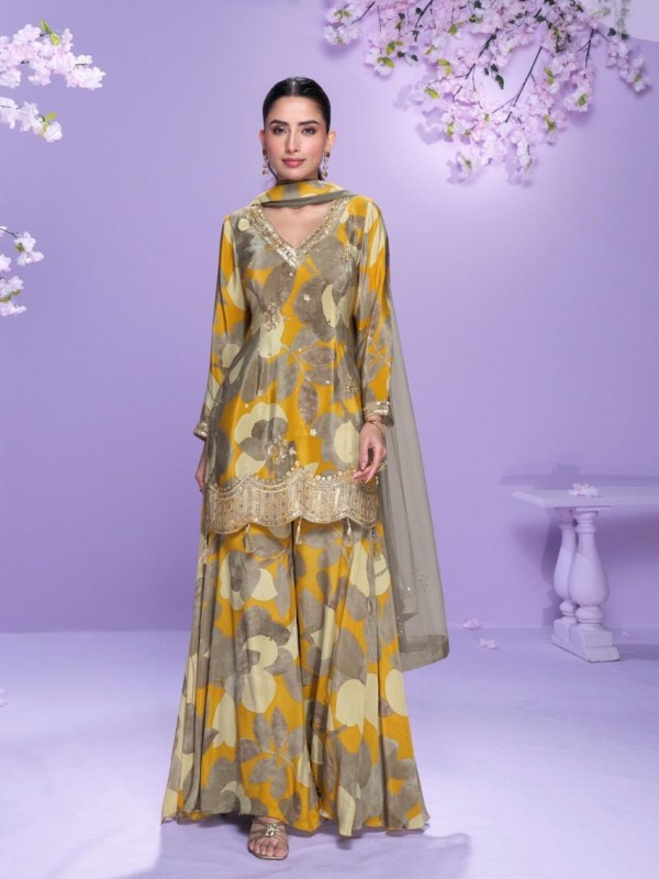 Premium Real Chinon Silk Party Wear Plazo Suit Multi Color with Embroidery Work
