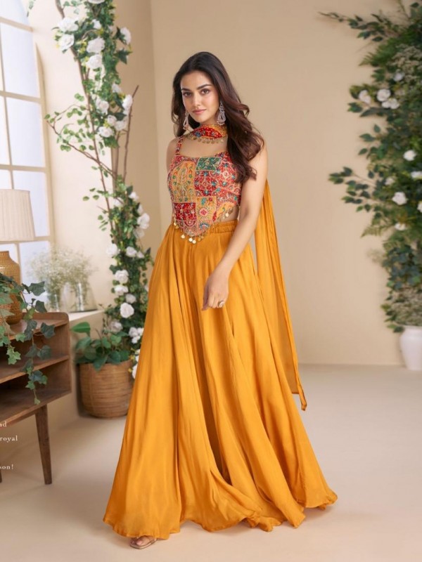 Pure Chinon Silk Party Wear Gown Mustard Color with Embroidery Work