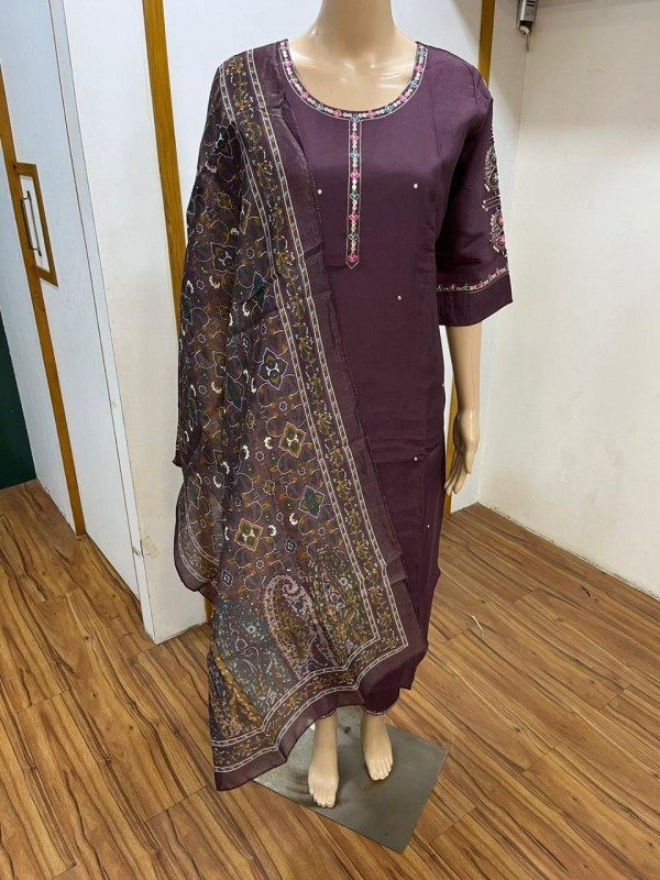 Cotton Silk Party Wear Suit In Wine Color With Embroidery work  