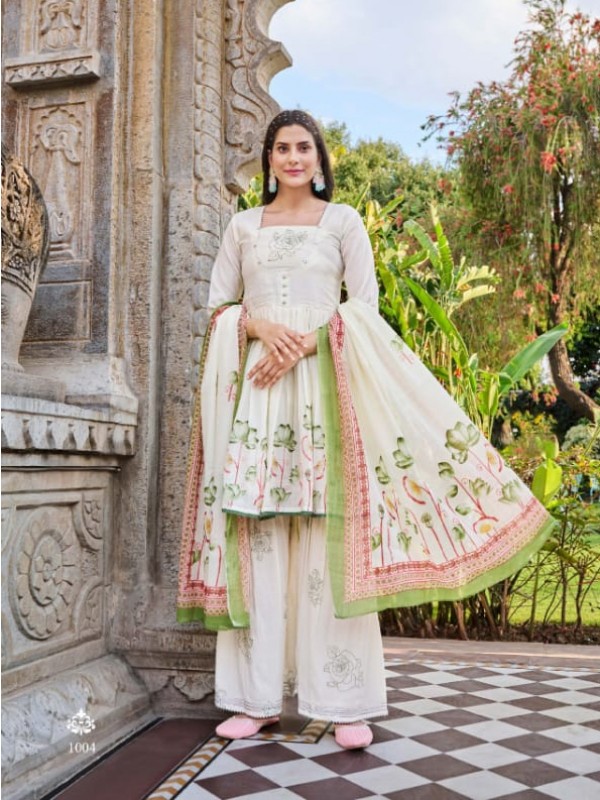Pure Mul Cotton Party Wear Sharara In White & Green With Embroidery Work 